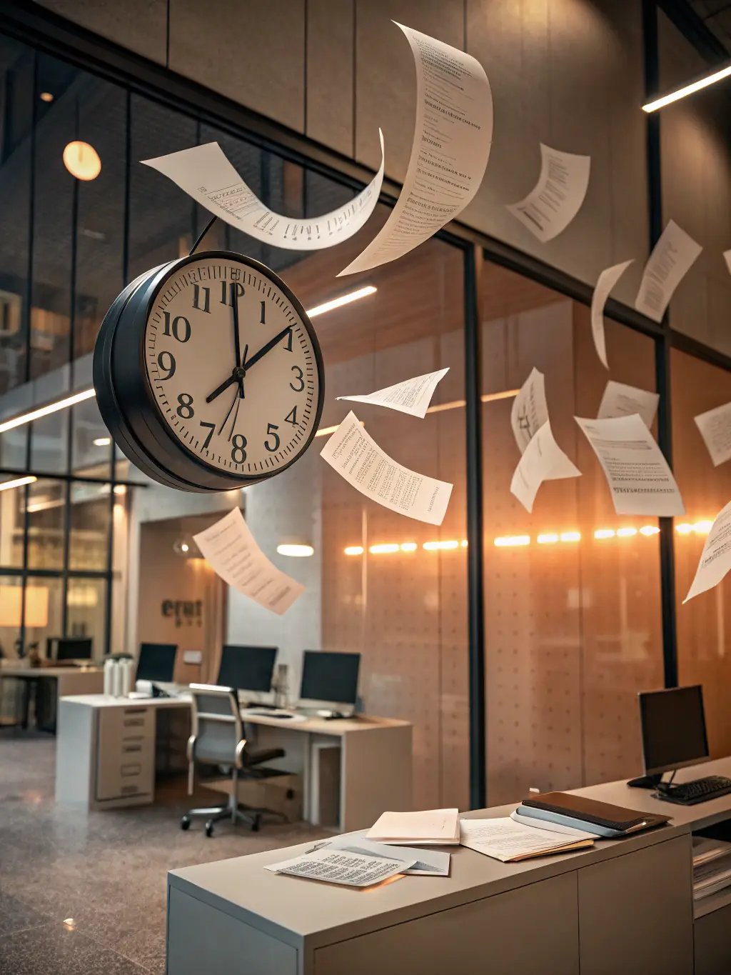 A close-up shot of a clock with documents in the background, symbolizing the speed and efficiency of Reid & Reid Consulting's services.